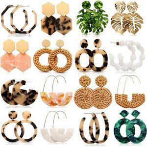 16 Pairs Acrylic Rattan Earrings for Women – Trendy Boho Drop Dangle Jewelry